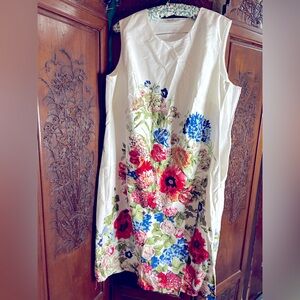 NWOT cotton Dress Norm Thompson 1x sheath sleeveless white florals🌺🌼 perfect!